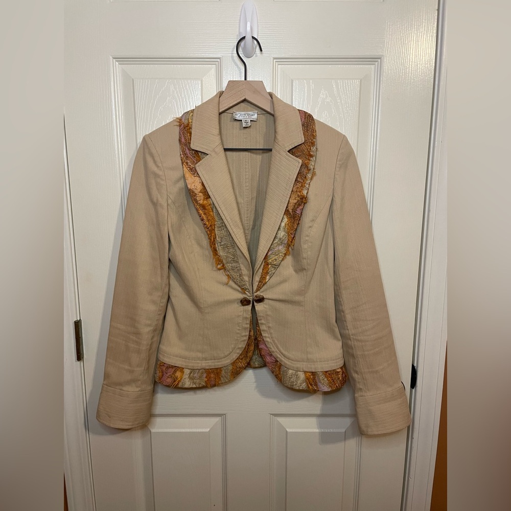 St John Sport by Marie Gray Vintage Beige Blazer with Orange Frill Trim Size PS